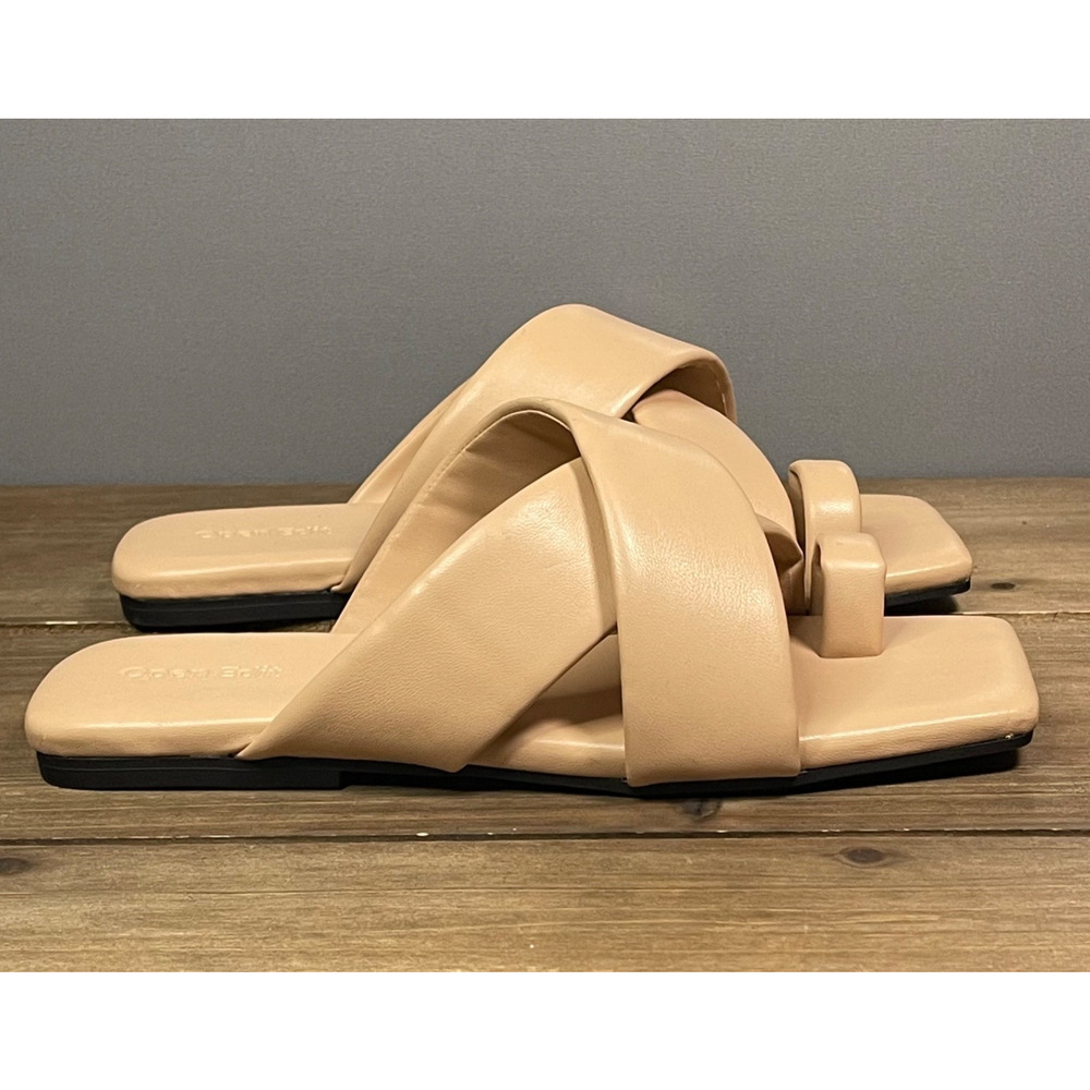 Open Edit Women's Otto Slide On Sandals Size 7.5 Beige Faux Leather Toe Ring
